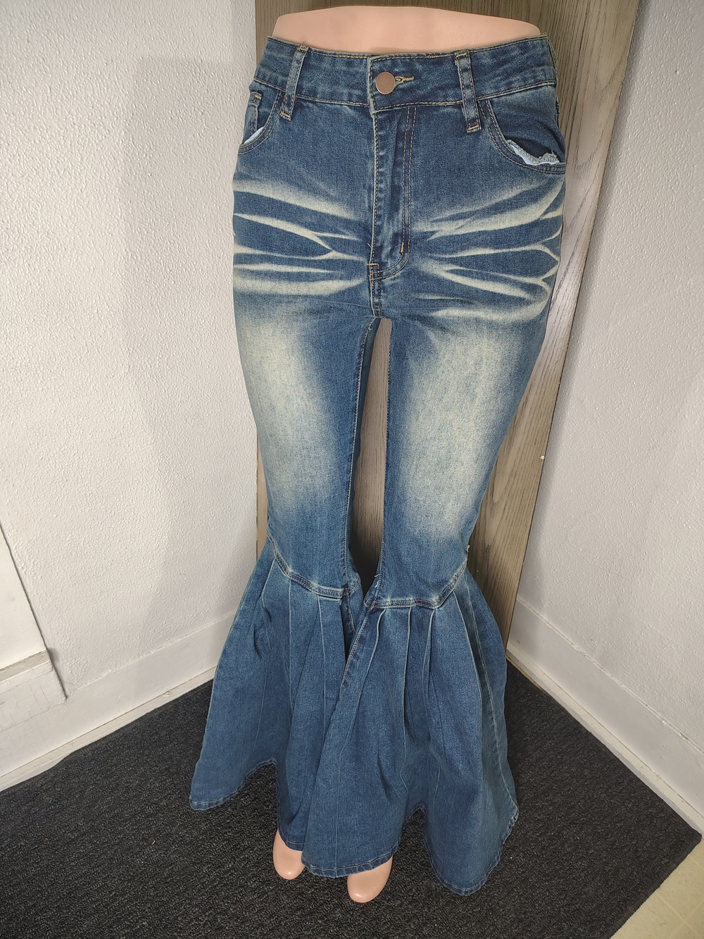 Fashion Nova Washed Blue Flare Jeans with Pleated Mermaid Panels